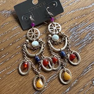 Chico's Gold Earrings with Red, Blue, and Yellow Accents